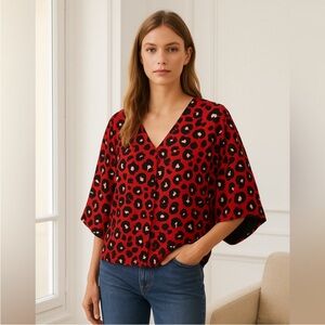 Anna Cate NINA Blouse Size XXS Animal Print Red Designer Unique Boxy